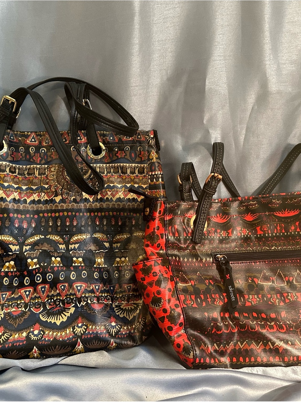 Sakroots Boho Coated Canvas Tote Duo in Black & Red Accents